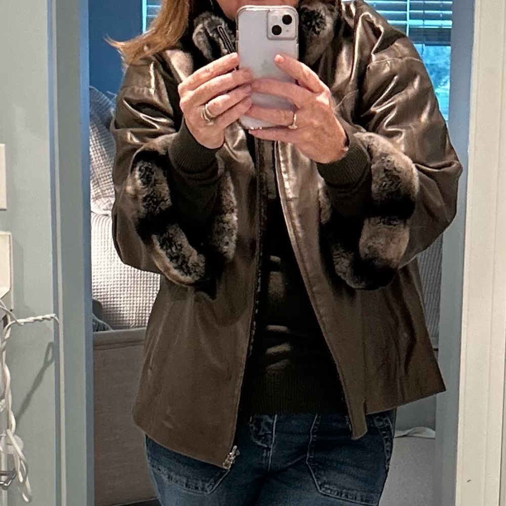 Gorgeous Upscale Reversible Leather Jacket with Chinchilla Collar and Cuffs